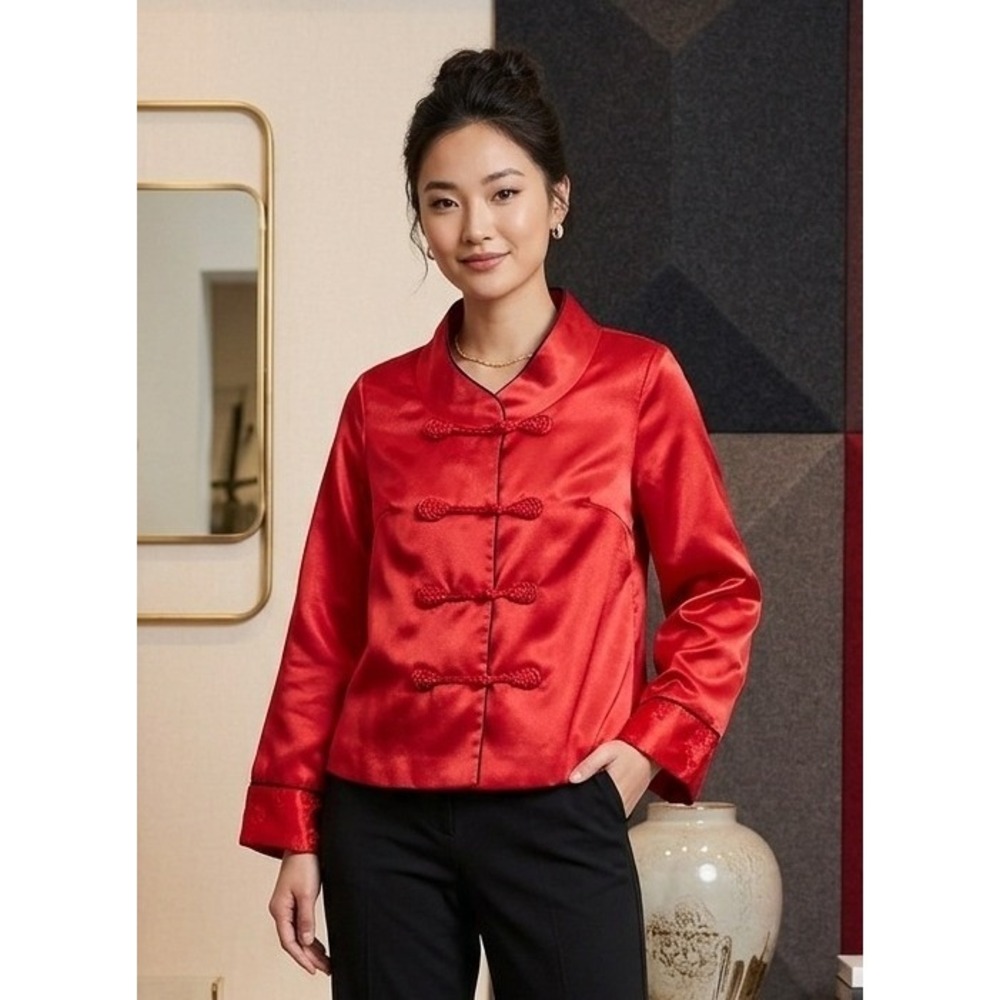 Vtg Diyuange Satin Mandarin Collar Frog Button Tang Suit Jacket Womens Small Red